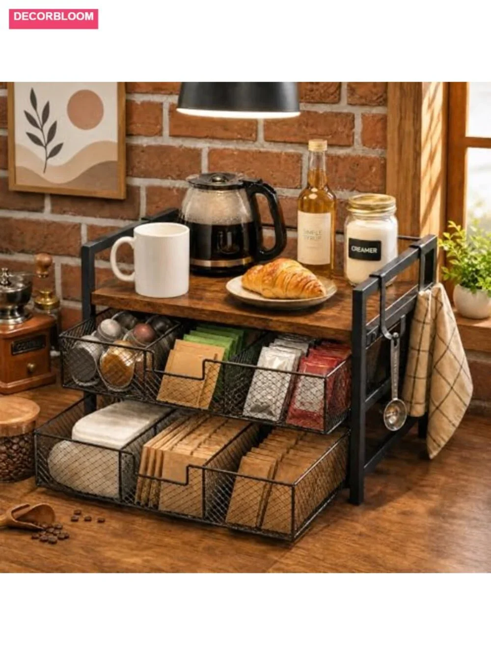Rustic Brown Coffee Station Organizer with 2 Drawers and Hooks, Holds 36 K
